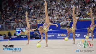 2018 Rhythmic Worlds Sofia BUL  HIGHLIGHTS GROUP APPARATUS FINAL 3 BALLS2 ROPES [upl. by Herodias]