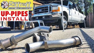 2001 F350 73  RiffRaff UpPipes Install  Stock up pipes leaking and falling apart JUNK SP [upl. by Annelg]